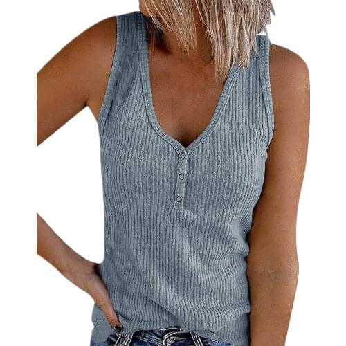 2021 Summer New European American Womens Tops Button Vest Solid V-neck Sleeveless T-shirt Tops for Women Tank Tops Blended