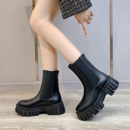 2021 Autumn Winter New Chelsea Boots Women Wedges Platform Shoes Fashion Casual Net Red Mid-Calf Boots Women Chunky Heels Shoes