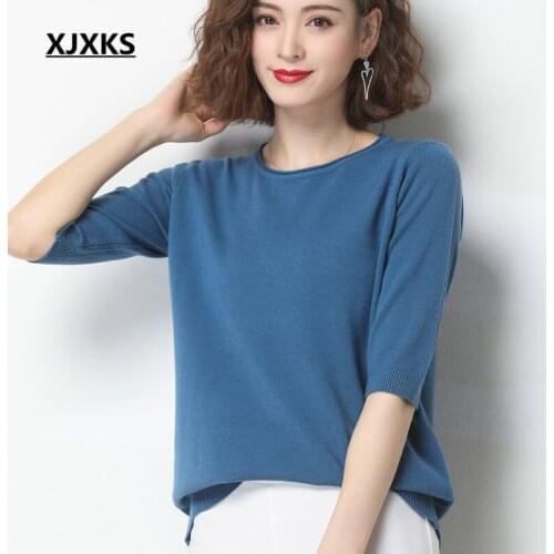 XJXKS Solid color all-match mid-sleeved women thin top 2020 summer new comfortable knitted women T-shirt