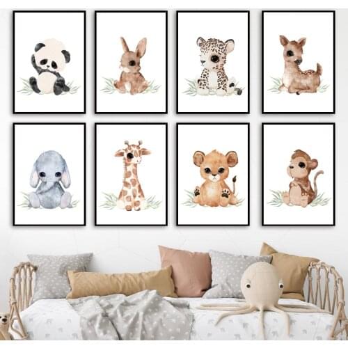Deer Rabbit Lion Elephant Giraffe Nursery Wall Art Print Canvas Painting Nordic Poster Wall Pictures Baby Girl Boy Room Decor