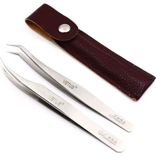 VETUS Volume Lash Tweezer Golden Feather and Dolphin Tweezers for Eyelash Extension Tools in Brown Leather Packing