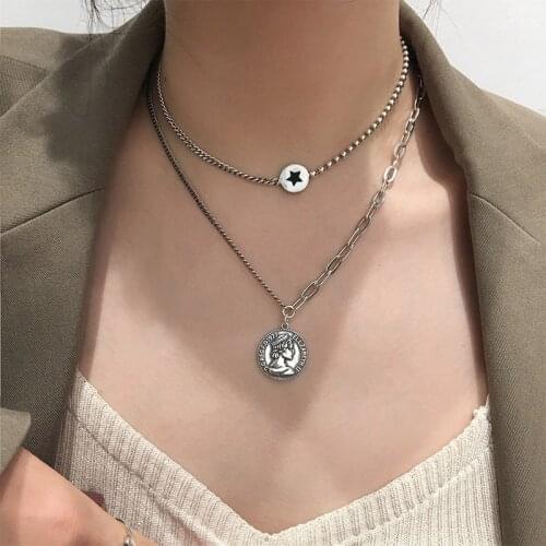 Origin Summer Unique Design Double Layer Star Coin Medallion Pendant Necklace for Women Asymmetric Necklace Jewelry Wholesale