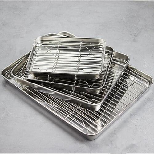 Baking tray With Wire Rack 304 Stainless Steel cake Baking BBQ Pan Tray plate Oven brownie Rack Cooking Roasting Grilling Tool