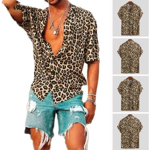 Summer new Short Sleeve Leopard Print Shirt Men Lapel Neck Loose Button Up Blouse Breathable Streetwear Sexy Shirts Men