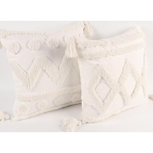 Nordic Boho Minimalist White Throw Pillow Case Wave Striped Tufted Textured Decorative Square Cushion Cover with Tassels