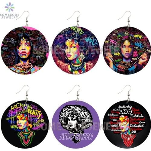 SOMESOOR Afro Curly Queen African Diva Wooden Drop Earrings Black Sorority Sayings Printed Loops Dangle Jewelry For Women Gifts