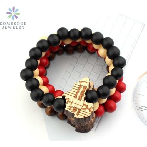 SOMESOOR Engraved African Map Wooden Bracelet Afro Ethnic Design Charms Handmade DIY Wood Beads Bangle Jewelry For Women Gifts