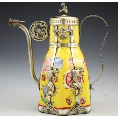 Tibetan Silver Chinese CHINESE TIBET SILVER PORCELAIN MONKEY lid TEA POT tools wedding Decoration Brass