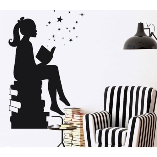 LARGE Size Girl Reading Books Magic - Wall Decal Vinyl Art Stickers for Interiors, Schools, Classrooms, Libraries, Bedrooms SK34