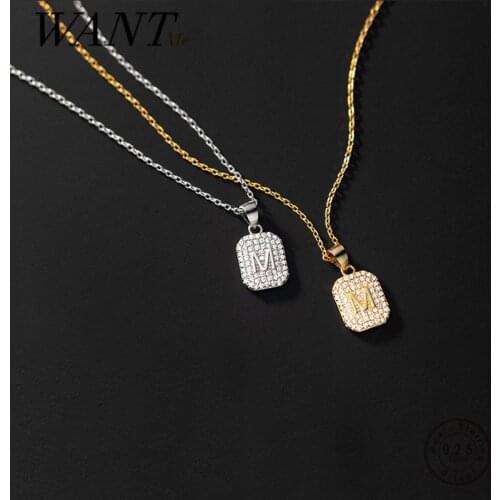 WANTME 925 Sterling Silver Punk Shiny Zircon Square Initial Letter Chain Pendant Necklace for Women/Men Rock Party Fine Jewelry