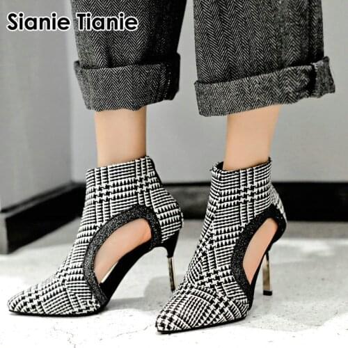 Sianie Tianie 2020 new houndstooth plaid checked sexy pointed toe thin high heels hallow cut out woman pumps stilettos shoes