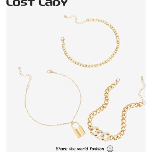 Lost Lady Bohemian Punk Gold Color Bracelets for Women Man Fashion Punk Lock Cuban Chain Charm Bracelets Bangles Jewelry