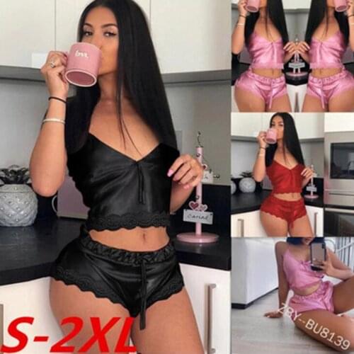 Women Stain Lace Sleepwear Set Silk Lace V-Neck Camisole Shorts Lingerie Pajamas Sleepwear Set Sexy Lingerie