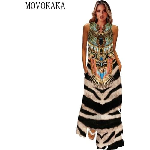 MOVOKAKA Vintage Tiger Print Dress 2021 V Neck Casual Holiday Long Dresses Summer Woman Sleeveless Girls Beach Maxi Dress Women