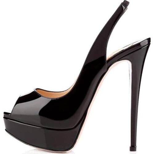 Carpaton Sexy New Black and Nude patent leather peep toe waterproof platform super high heels womens 12cm stiletto sandals