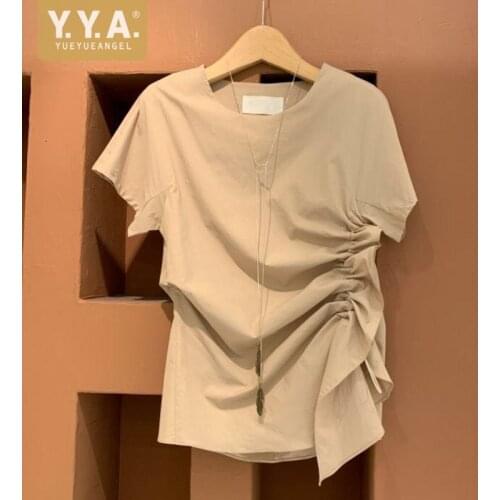 Graphic Tees Women Short Sleeve O-Neck Tops Shirt Korean Drawstring Pleated Slim Tshirt 2021 Summer New T Shirts Casual Pullover