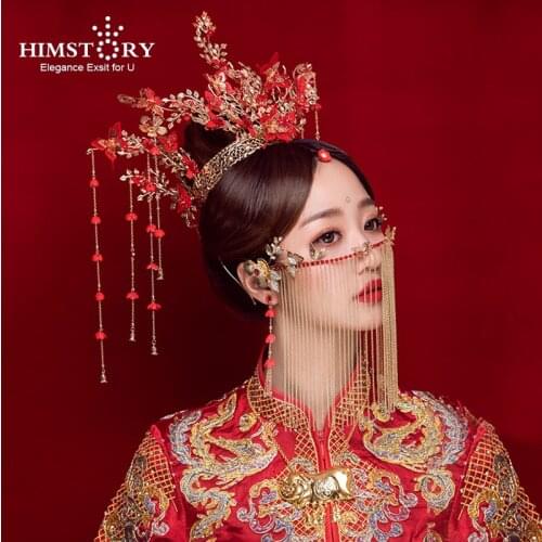HIMSTORY Luxury Chinese Red Butterfly Phoenix Crown Bridal Headdress Woman Stage Show Big Size Wedding Hair Accessories