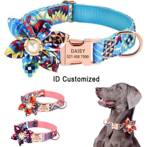 Personalized Dog Cat Collar Custom Pet Tag Collar with Flower Puppy Pitbull Nameplate ID Collars For Small Medium Large Dogs