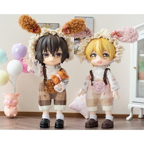 3Pcs/Set Ob11 Clothes Cute Rabbit Ears Plaid Overalls Set for GSC, Molly P9, Obitsu11,1/12bjd Doll Clothes Toys Accessories