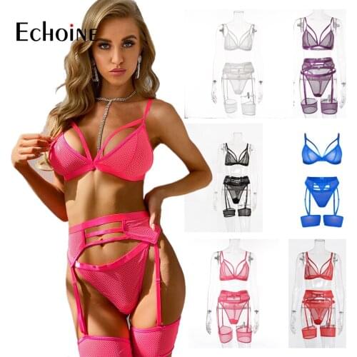 Echoine Women Sexy Lace Lingerie Set Fashion Push Up Two Underwear Bra and Briefs Sexy Bra and Briefs Night Club 3 Pcs Sets