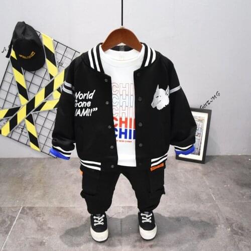 Boys and girls costume set spring and autumn boys clothes suit baby black Coat + T-shirt + cargo pants 3 piece boys suit