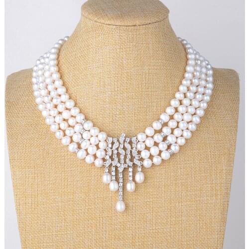 18" 4 Strands Cultured White Pearl Statement Necklace CZ Pendant and Match Teardrop CZ Earrings set