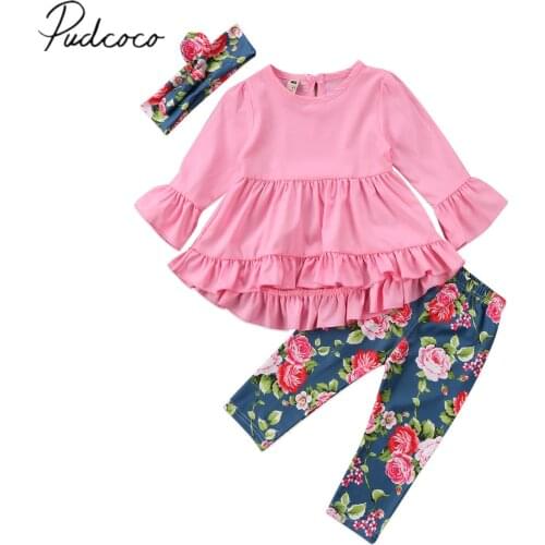 2017 Brand New Newborn Toddler Infant Baby Girl Party Falbala Dress Tops Leggings Pants Headband 3Pcs Outfit Flower Set 2-7T