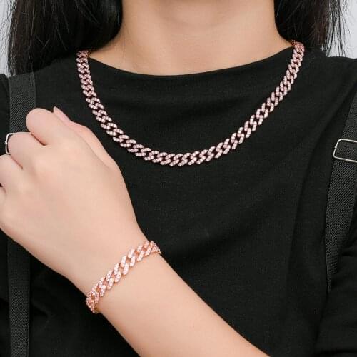 New Fashion Charm Miami Mens Pink Paved Cubic Zirconia Jewelry Rose Gold Brass Hip Hop 9mm CZ Cuban Chain Bracelet Unisex Gifts