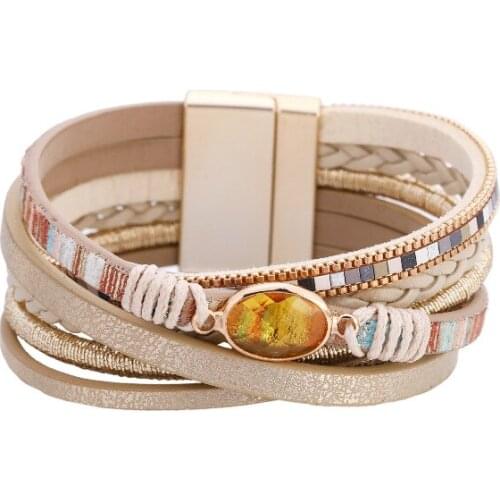 ORNAPEADIA 2021 New Bohemian Bracelet for Women Female Ethnic Style Multi-layer Cross Winding Crystal Leather Buckle Bracelet