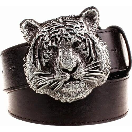 Wild personality Mens belt tiger head pattern metal buckle strap male leather belt western cowboy style belt gift for men