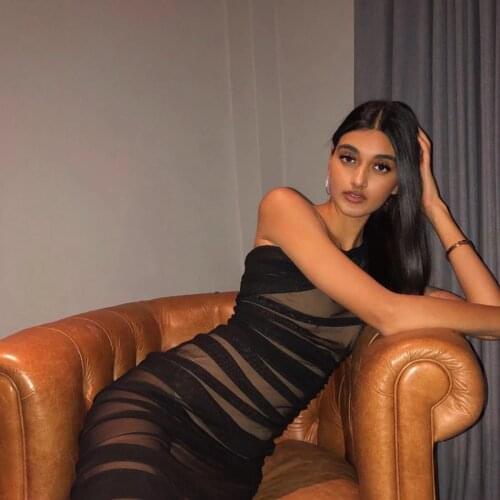 Sexy Summer Mesh Ruched Bodycon Dress Women One Shoulder Bandage Bodysuit Lined Black See Through Transparent Club Midi Dress