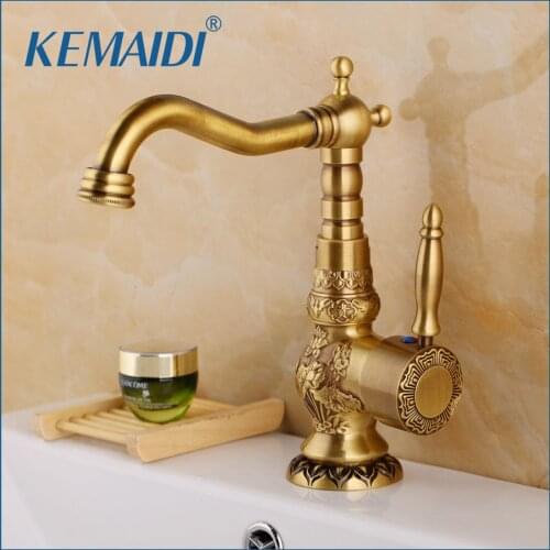 KEMAIDI Antique Brass Deck Mounted Basin Water Faucet With Single Handle One Hot And Cold Water Carved Bathroom Faucet