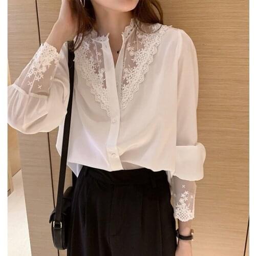 Spring Women Blouses Vintage Lace White Shirt Long Sleeve Female Blouse Casual Patchwork Tops Blusas Mujer De Moda 2021