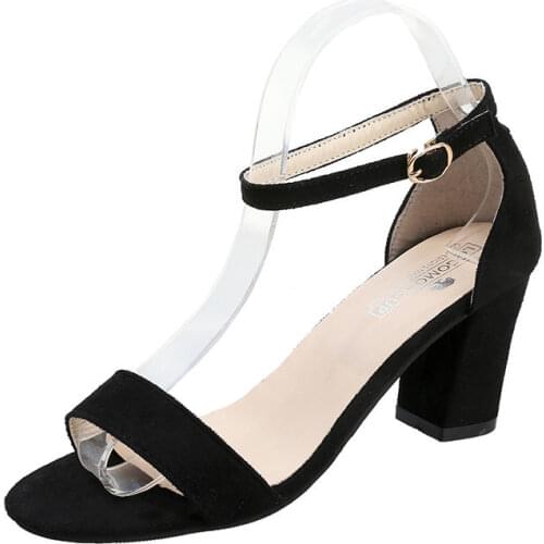 2021 New Thick Heel 7 Cm 5 Cm Sandals Women Summer Wild Large Size High Heel Mid-heel Buckle Sandals Open Toe Flock Pumps Shoes