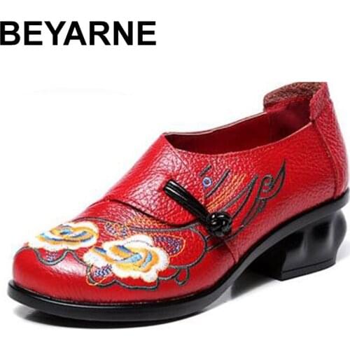 BEYARNE 2020spring autumn women shoes retro thick heels soft soled shoes shoes for women embroidered real leather shoes