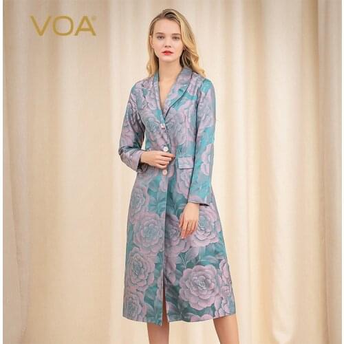 VOA Autumn Winter Fashion Plus Size Office Lady Silk Tunic Trench Bohemian Print Slim Women Silk Jacquard Long Coat F7331