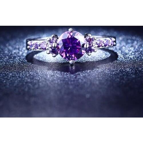 Round Purple Zircon Rings For Women Silver Color Wedding Anniversary Promise Ring Womens Ring Female Wedding Jewelry Gift
