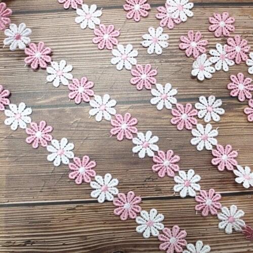 3Yard Pink White Beautiful Sun Flower Cotton Lace Fabric Sewing Applique Satin Ribbon DIY Craft Lace Ribbon Tape Sewing Supplies