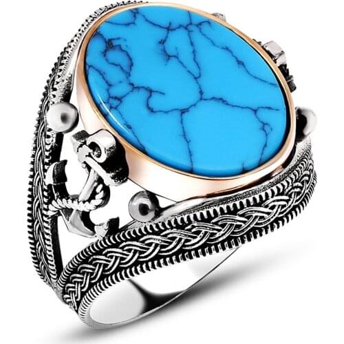 925 sterling Silver Turquoise Stone Anchor Print Male Ring