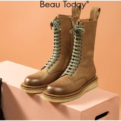 BeauToday Boots Women Genuine Cow Leather Mid-Calf Length Round Toe Size Zipper Vintage Lady Platform Shoes Handmade 02321