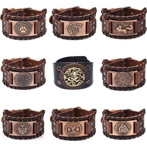 Retro Handmade Genuine Leather Bracelet Charm Wide Leather Bracelet Viking Odin Totem Vintage Leather Hand Bangle For Man Gift