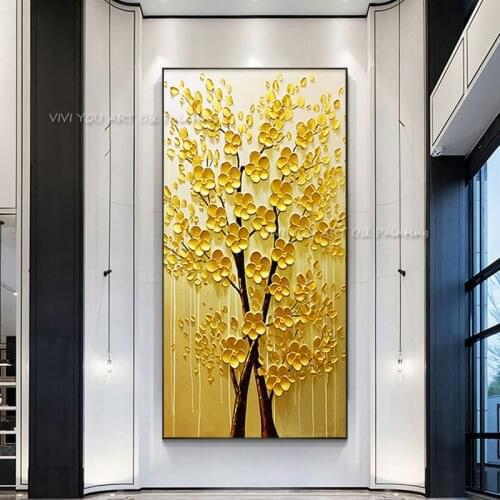 New Arrival Money tree Art handmade Modern Canvas on Palette knife Tree 3D Flowers Paintings Home living room Christmas Gifts