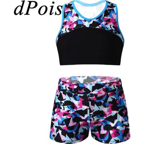 Kids Girls Ballet Gym Outfits Printed Tracksuits 2Pcs Sport Suit Tank Crop Top & Shorts Fashion Childrens Dance Wear Yoga Set