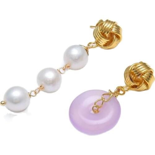 GuaiGuai Jewelry Natural White Keshi Pearl Lavender Chalcedony Agates Gold Plated Flower Stud Earrings Handmade For Women