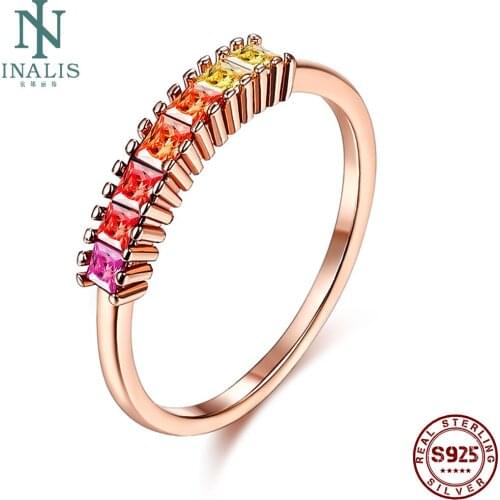 INALIS Rainbow S925 Sterling Silver Rings For Women Colorful Cubic Zirconia Rose Gold Plated Elegant Women Gift Fine Jewelry