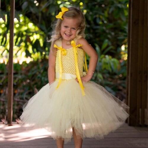 Lovely Girls Yellow Ribbons Tutu Dress Baby Crochet Tulle Strap Dresses with Hairbow Kids Birthday Party Costume Dress Cloth