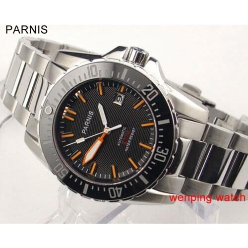 Parnis 43mm black dial automatic waterproof Ceramic Bezel sapphire glass mens Watch W986