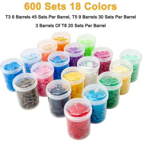 BESTNULE 600 Snap Buttons Set, 18 Colors T3 T5 T8 Plastic Buttons for Sewing and Crafting, with 2 Tweezers and 1 Wiping Cloth