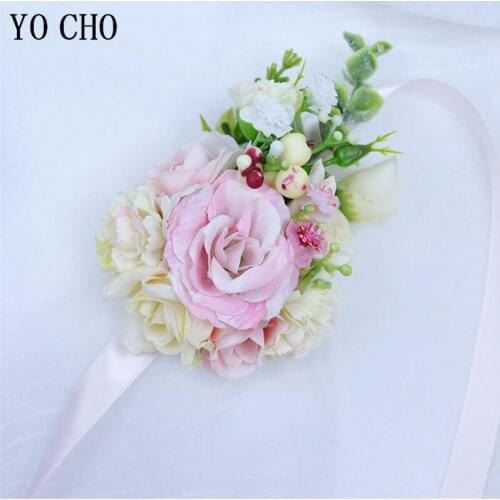 Pink White Floral Wrist Corsage Ribbon Rose Groom Bridesmaid Bracelet Flowers Boutonniere Wedding Accessories Marriage Party
