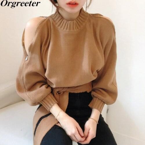 Chic Design Sexy Zipper Strapless O-neck Sweater Women Fall Spring New Lantern Sleeve Bow lace-up Short Knitted Pullover Tops